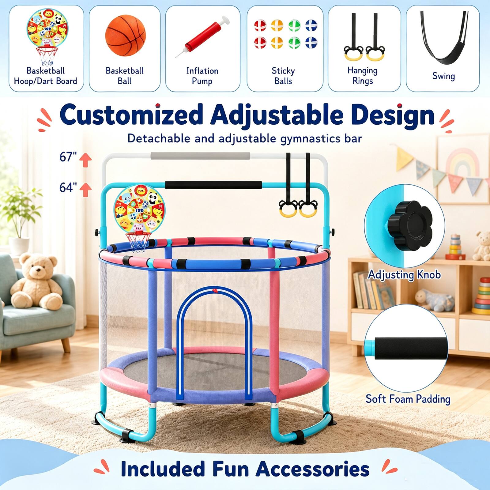 Basketball Basketball Inflation Sticky Hanging Board Ball Balls Rings Swing Hoop/Dart Pump Customized Adjustable Design Detachable and adjustable gymnastics bar 67" 64" 15 100 P 3 N 10 Adjusting Knob Soft Foam Padding Included Fun Accessories