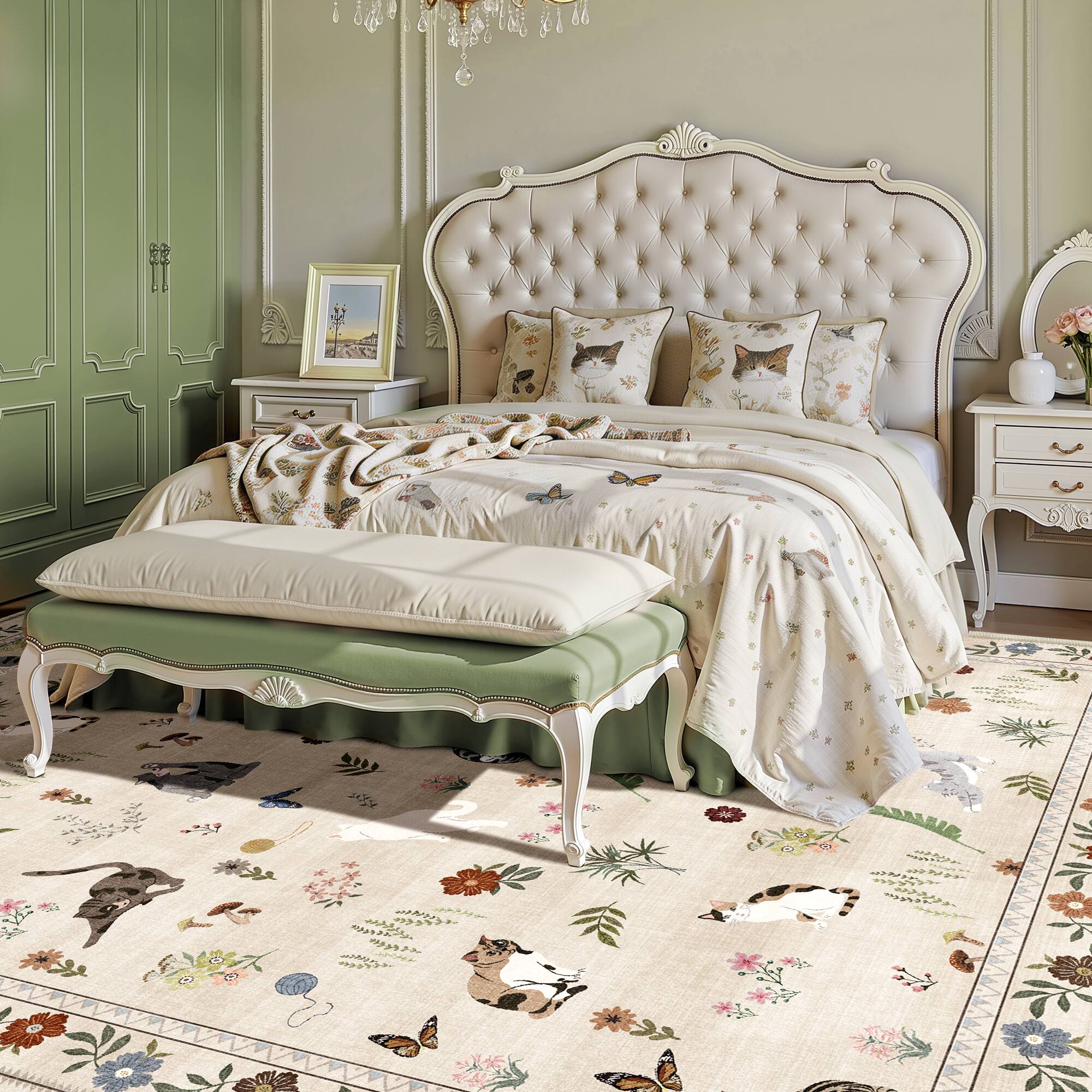 Alt View 3. KERDOM - 8x10' Extra Large Area Rug, Cat-Themed Floral Carpet for Living Room & Master Bedroom, Rubber Backing, Machine Washable - Beige.