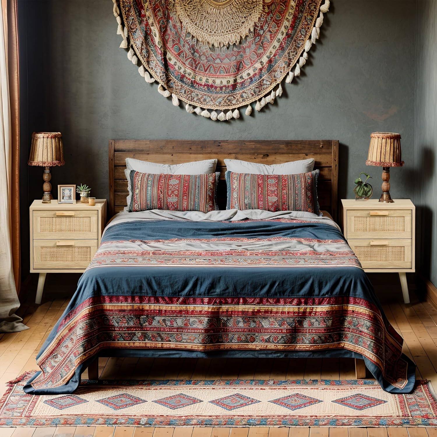 Alt View 3. Finnhomy - Finnhomy Nightstand Set of 2 – Natural Rattan Bedside Tables with 2 Drawers Each, 2-Pack - Natural.