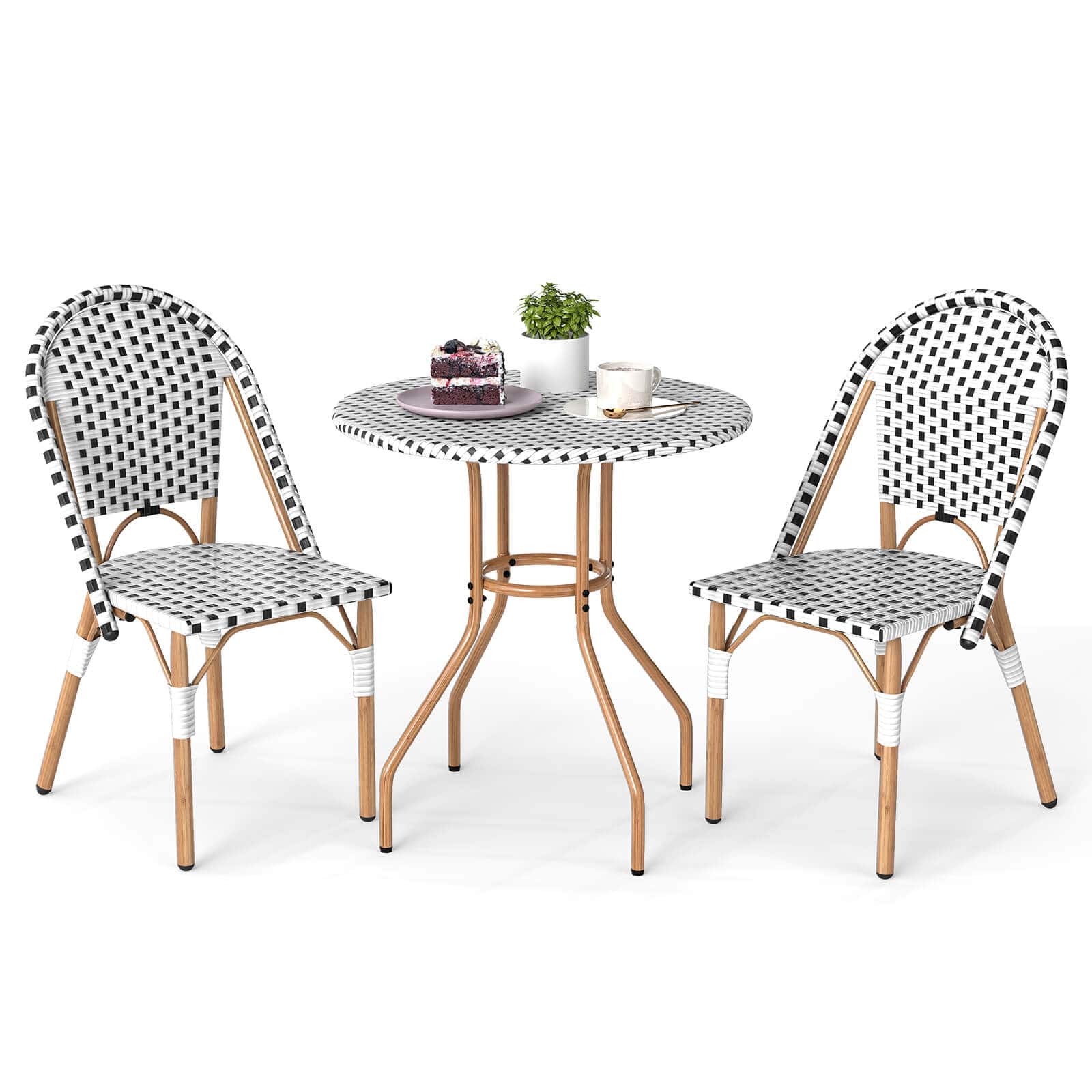 Costway - 3 PCS French Bistro Table Chair Set Wicker Round Table & 2 Dining Chairs - Natural,Black,White