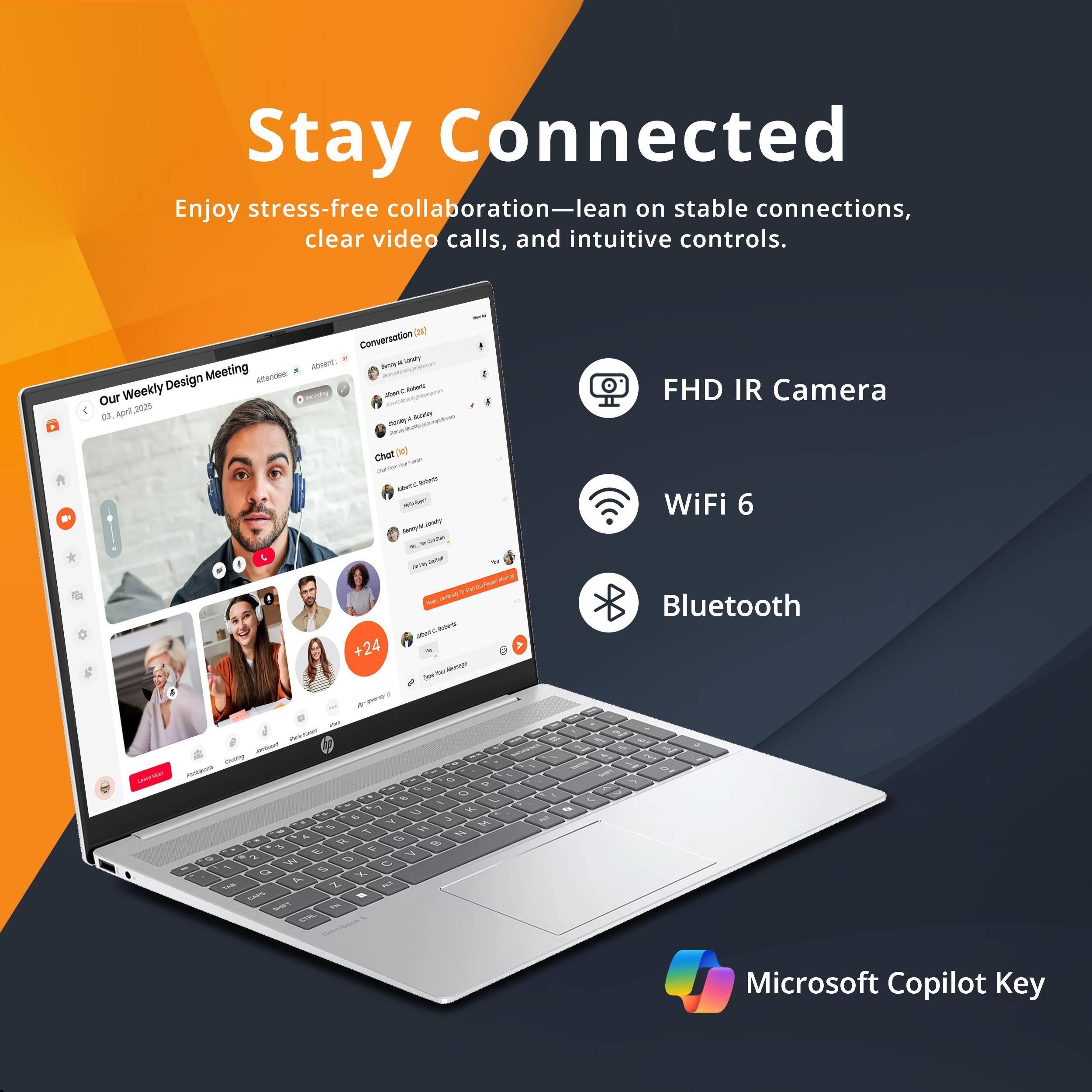 Stay Connected  
Enjoy stress-free collaboration—lean on stable connections, clear video calls, and intuitive controls.  

FHD IR Camera  
WiFi 6  
Bluetooth  

Microsoft Copilot Key