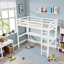 Hivvago - Classic Twin Size Wooden Loft Frame with Guardrail Protection and Slatted Design - White