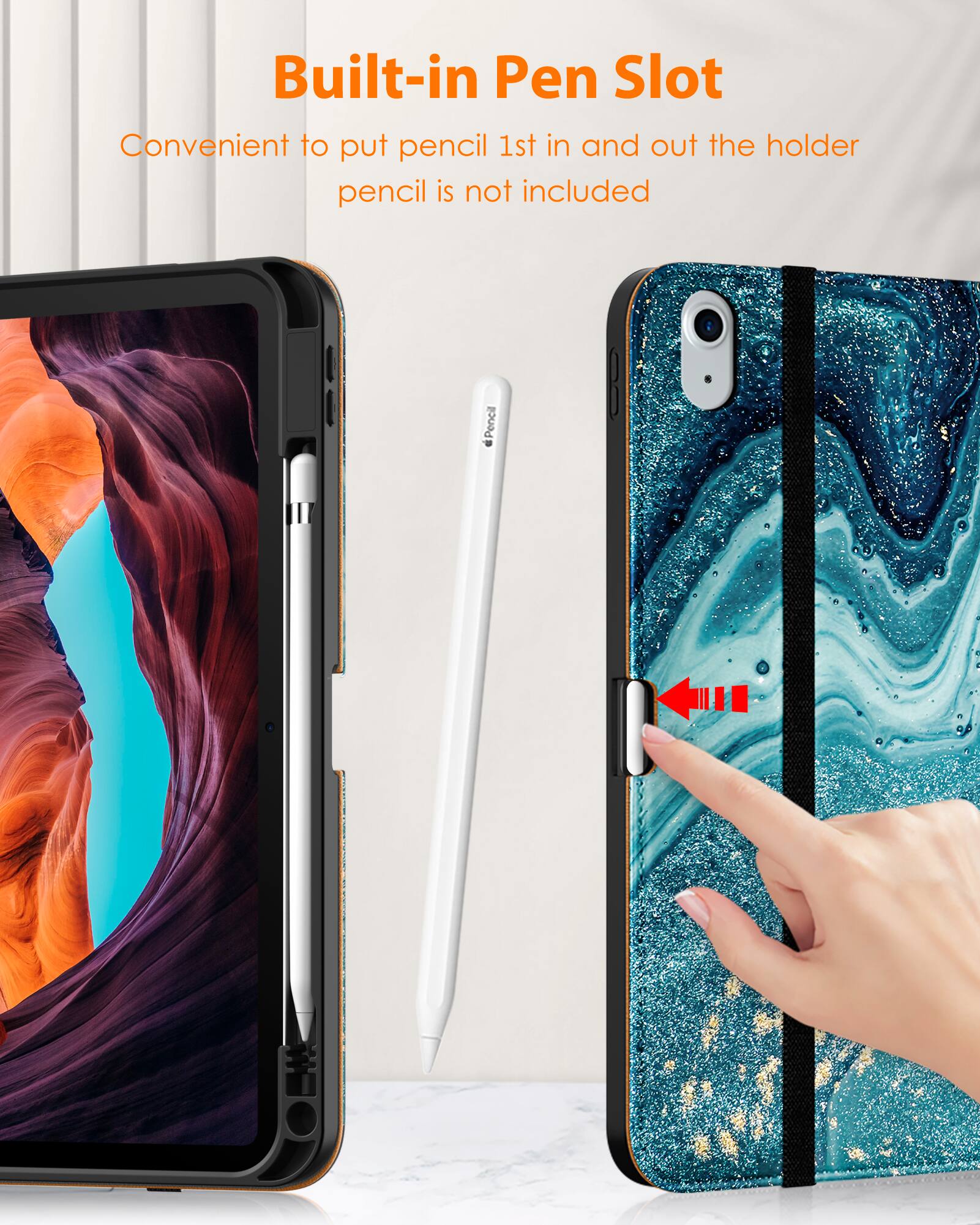 Built-in Pen Slot  
Convenient to put pencil 1st in and out the holder  
pencil is not included