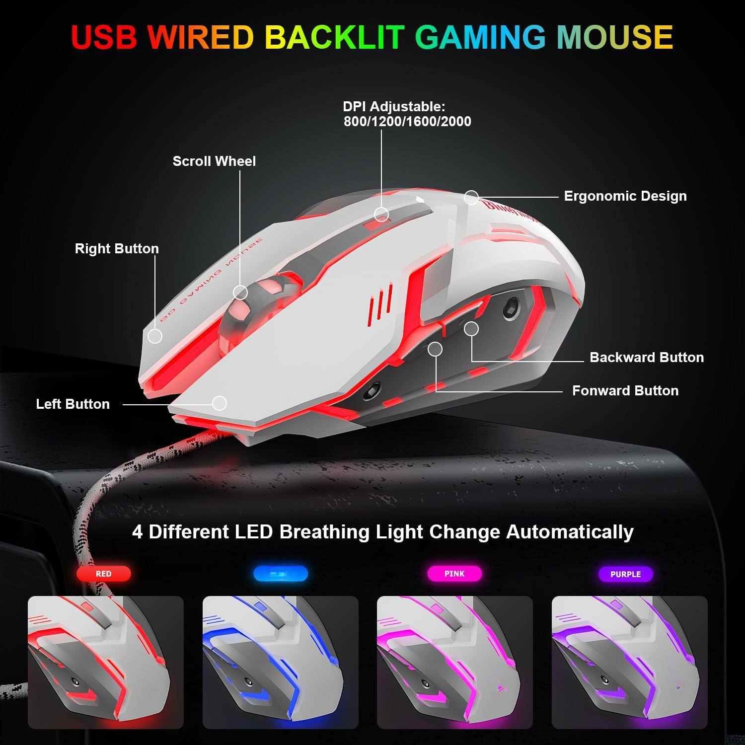 USB Wired Backlit Gaming Mouse

DPI Adjustable: 800/1200/1600/2000

Ergonomic Design

Scroll Wheel

Right Button

Left Button

Backward Button

Forward Button

4 Different LED Breathing Light Change Automatically

RED

PINK

PURPLE