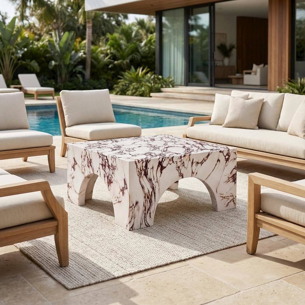 Left. Outdoor Escape - Outdoor Patio Arched Coffee Table In Concrete Finish With Durable Construction - Red.