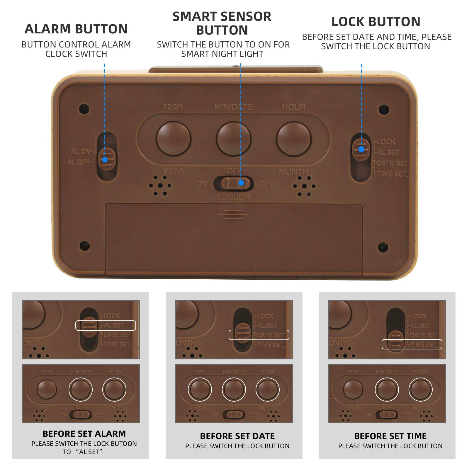 **ALARM BUTTON**  
BUTTON CONTROL ALARM CLOCK SWITCH

**SMART SENSOR**  
SWITCH THE BUTTON TO ON FOR SMART NIGHT LIGHT

**LOCK BUTTON**  
BEFORE SET DATE AND TIME, PLEASE SWITCH THE LOCK BUTTON

**BEFORE SET ALARM**  
PLEASE SWITCH THE LOCK BUTTON TO "AL SET"

**BEFORE SET DATE**  
PLEASE SWITCH THE LOCK BUTTON

**BEFORE SET TIME**  
PLEASE SWITCH THE LOCK BUTTON