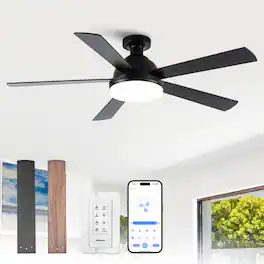 Vaczon - 52‘’ Industrial Reversible Flush Mount Smart Ceiling Fan with Light and APP - Black