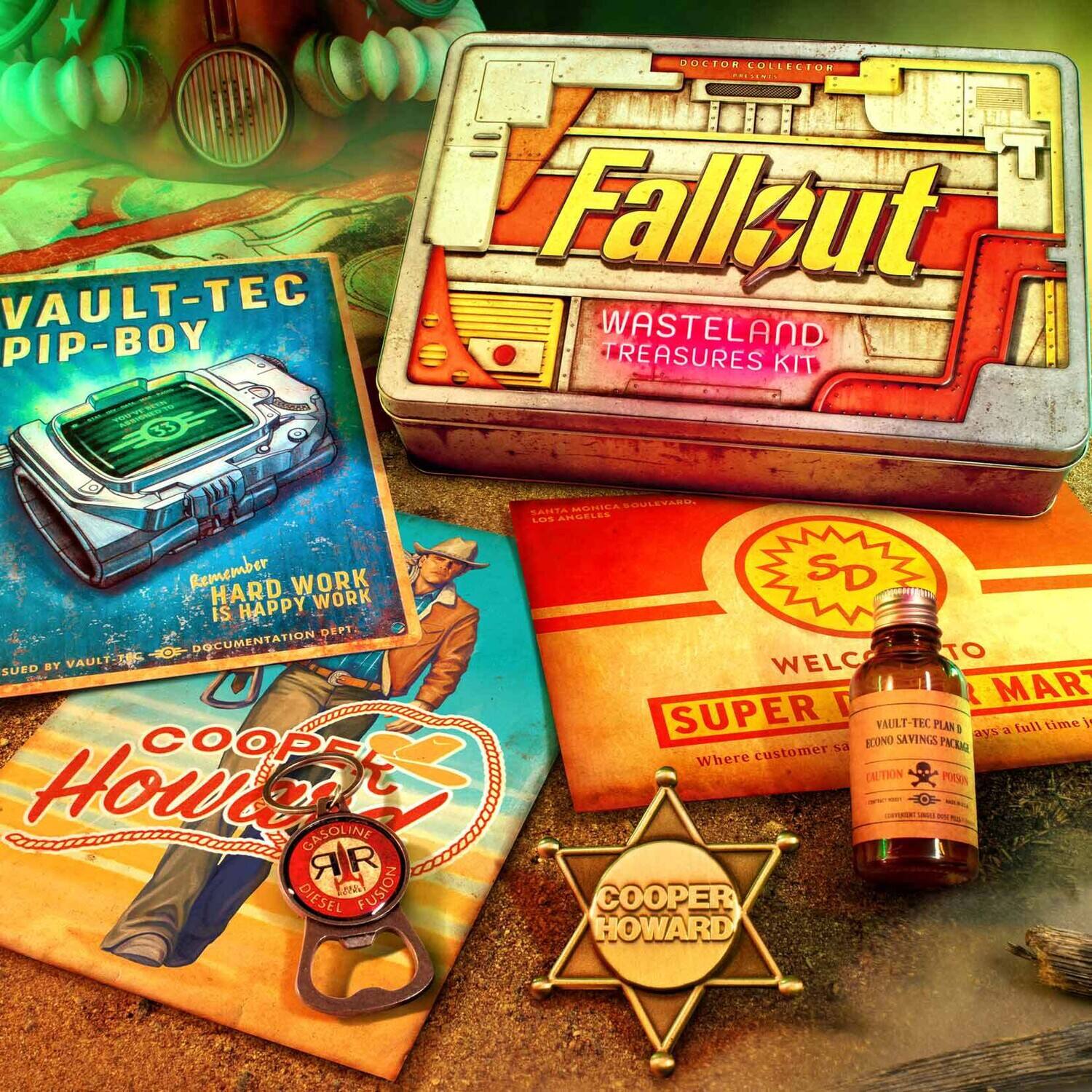 DOCTOR COLLECTOR ....... VAULT-TEC Fallut PIP-BOY WASTELAND TREASURES KIT 33 MSTILA EOULETARE SAS LS ANGRLES Remember HARD WORK IS HAPPY WORK IS DEPT DOCUMENTATION TO VAULT  WELC SUED BY 7 MAR SUPER VAULT-TE PLAND ays a full time  COO ECONO SAVINGS PACSAQ COOP5t customer NM Where A (ALTIN KON Houre GASOLINE AR DIESEL 20 FUSION COOPER HOWARD