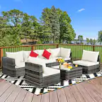 Front. Gymax - Gymax 7PCS PE Rattan Patio Sectional Sofa Conversation Set w/ White Cushions - White.