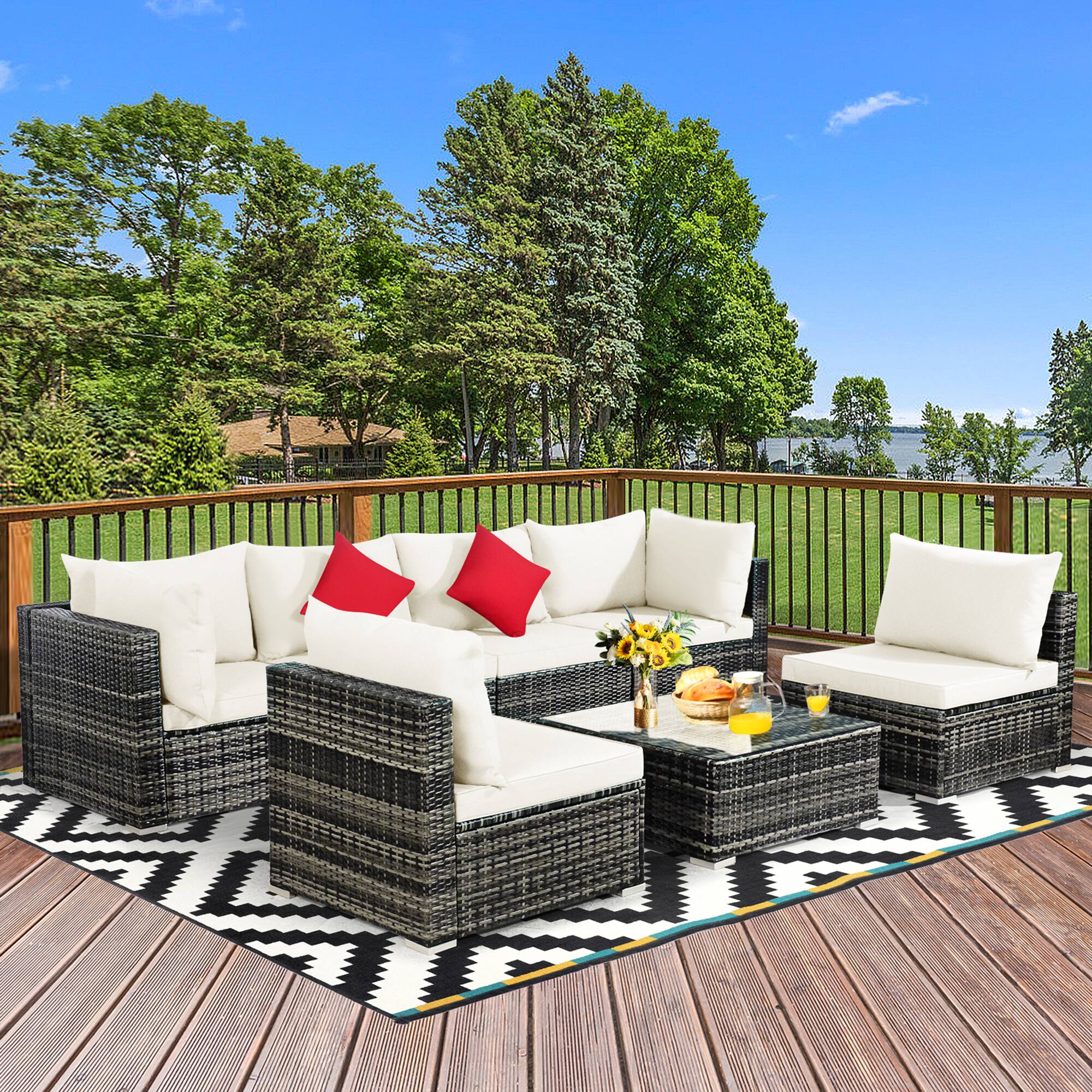 Front. Gymax - Gymax 7PCS PE Rattan Patio Sectional Sofa Conversation Set w/ White Cushions - White.