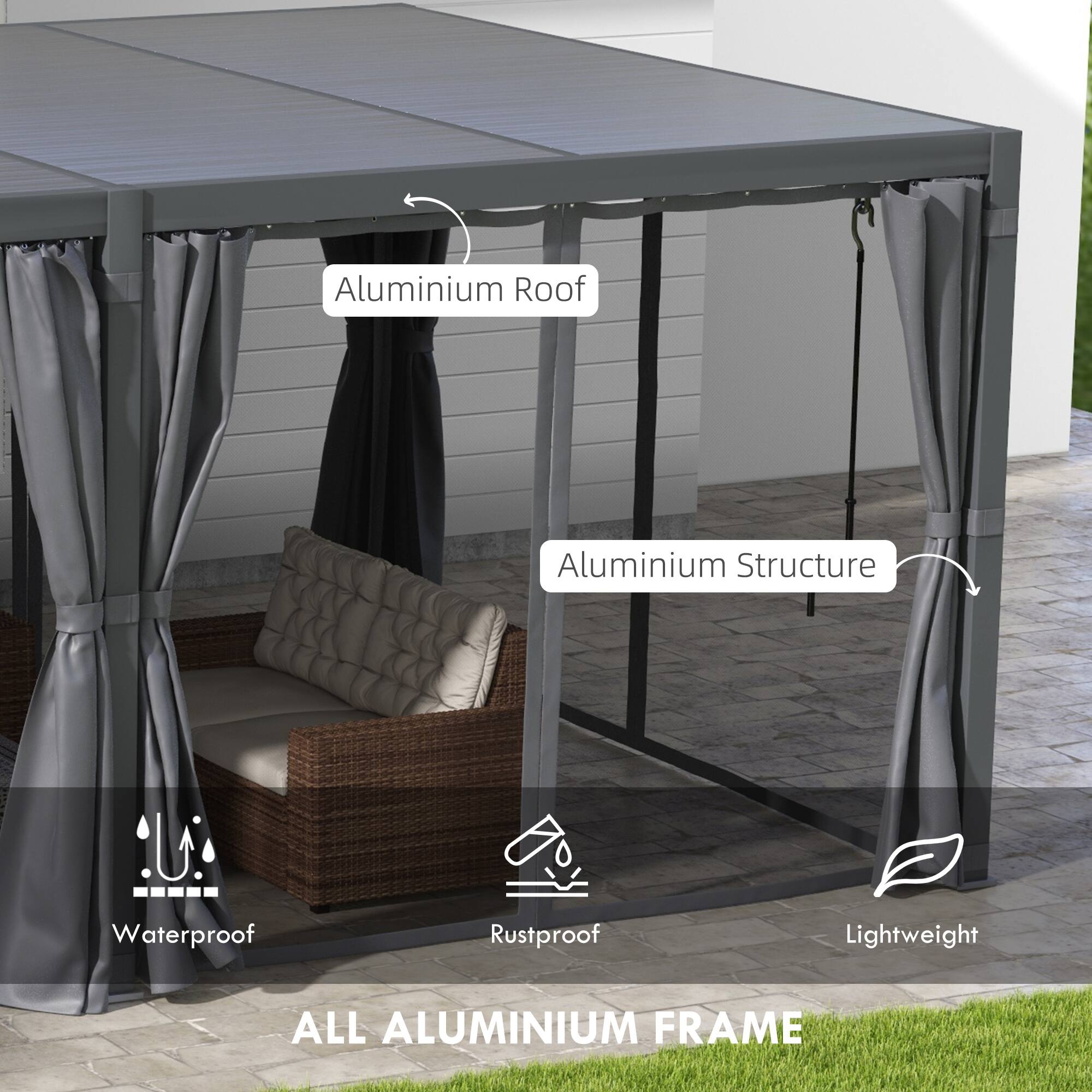Aluminium Roof  
Aluminium Structure  

Waterproof  
Rustproof  
Lightweight  

ALL ALUMINIUM FRAME