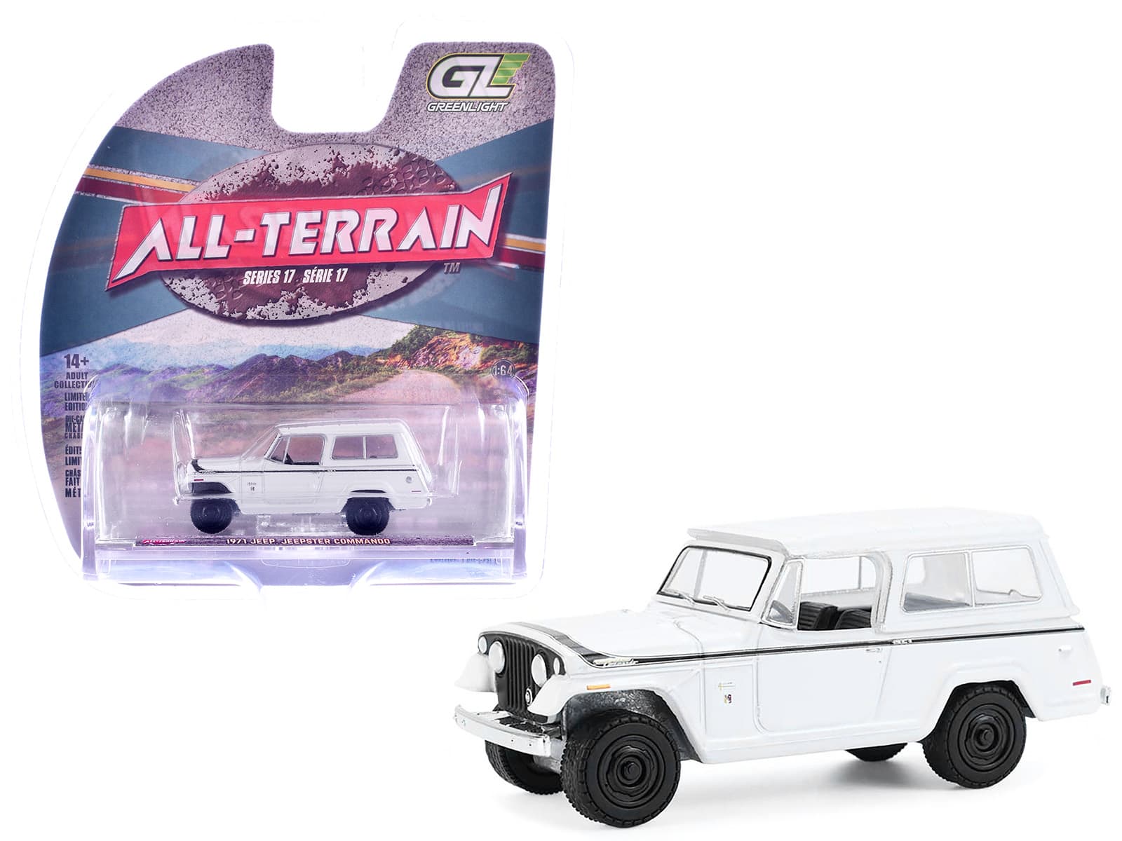 "1971 Jeep Jeepster Commando White with Black Stripes ""All Terrain"" Series 1/64 Diecast Model Car by Greenlight" price history on PriceWatchPro