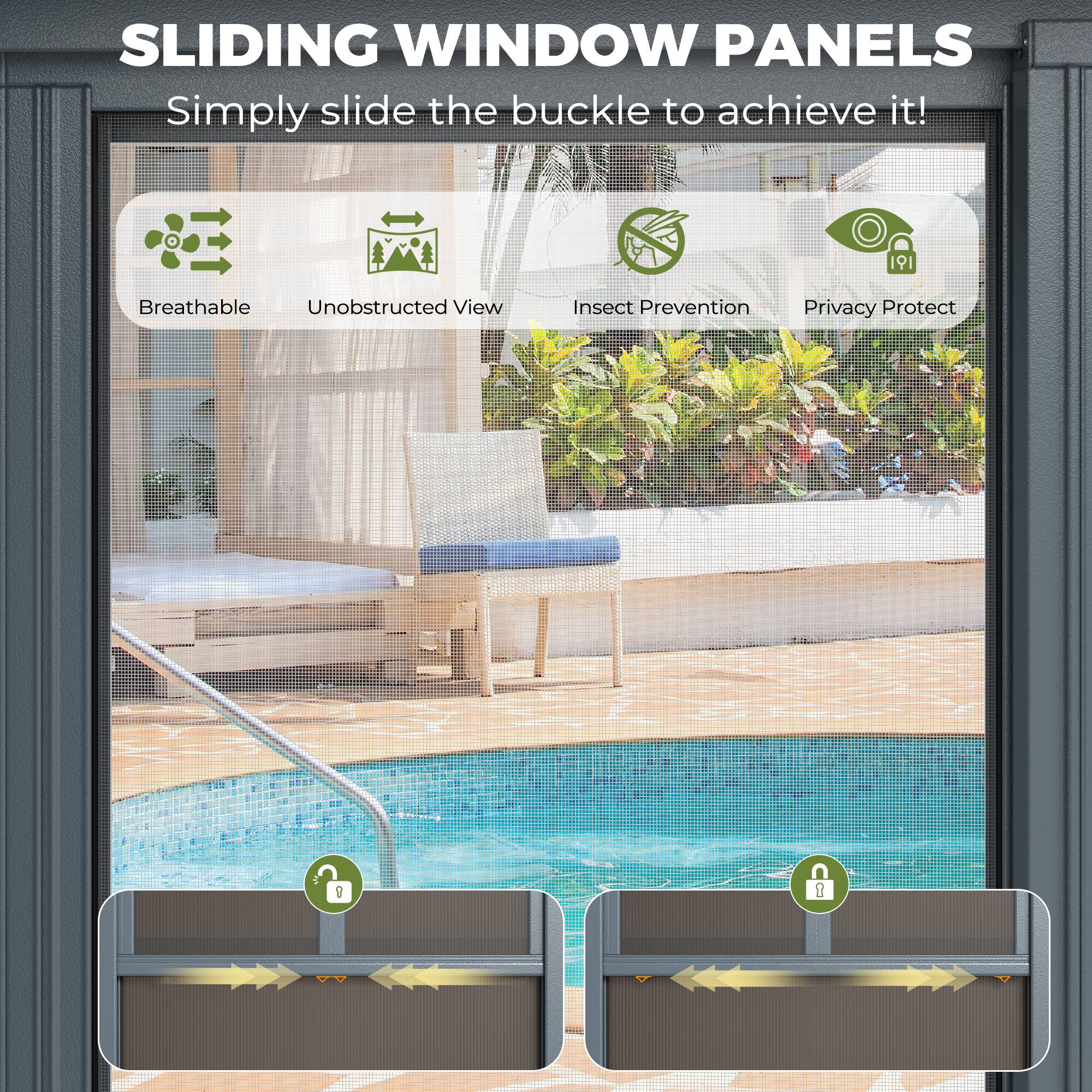 SLIDING WINDOW PANELS  
Simply slide the buckle to achieve it!  

- Breathable  
- Unobstructed View  
- Insect Prevention  
- Privacy Protect