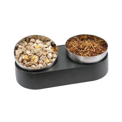 Front. Ficcuss Pets - Stainless Steel Metal Pet Food Bowl - Silver- Black.
