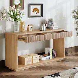 Loheer - Fluted Console Table, Modern 60 Inch Console Table with Drawers and Shelf, Entryway Sofa Table - Natural Wood