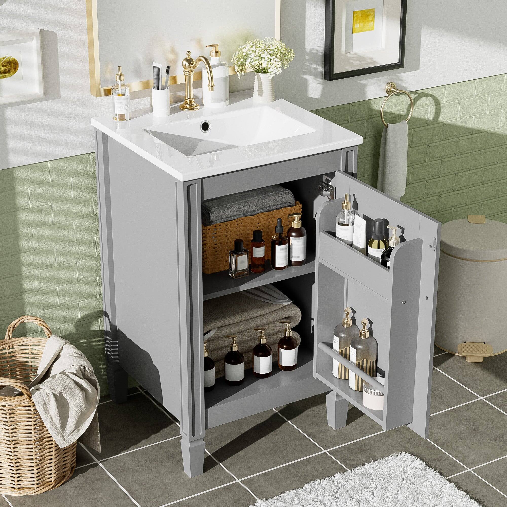 Alt View 5. Boyel Living - 20 Inch Gray Bathroom Vanity with Ceramic Sink Soft Close Door Adjustable U Shaped Shelf and Door Storage Rack - Gray.