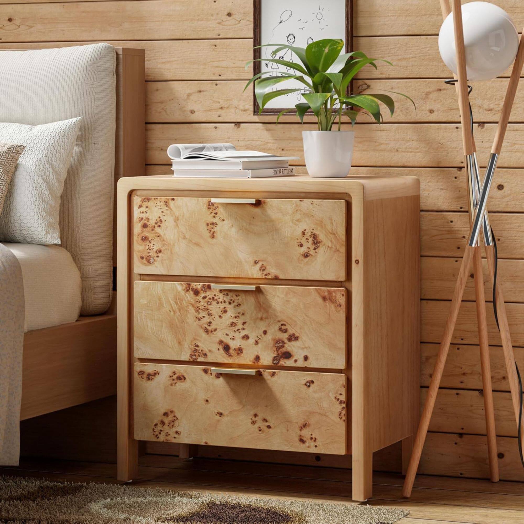 Alt View 8. COZAYH - COZAYH Farmhouse 3 Drawer Home Bedroom Nightstand with Burl Wood Finish, Natural - Natural.
