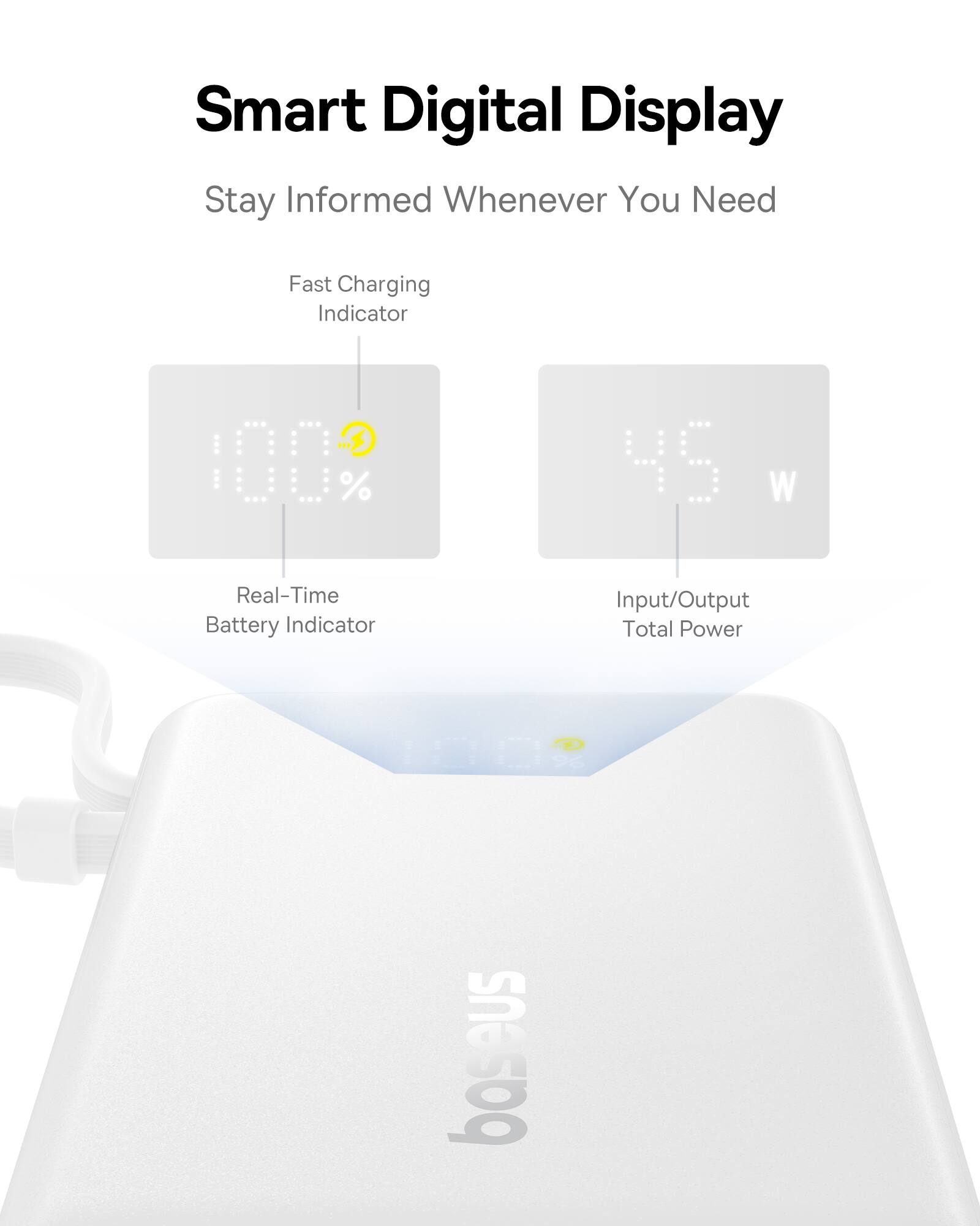 Smart Digital Display, Stay Informed Whenever You Need, Fast Charging Indicator, 100%, Real-Time Battery Indicator, Input/Output Total Power, baseus