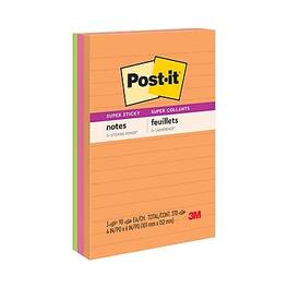 Post-it - Super Sticky Notes, 4" x 6", Energy Boost Collection, Lined, 90 Sheet/Pad, 3 Pads/Pack - Blue/Orange/Pink/Yellow/Lime