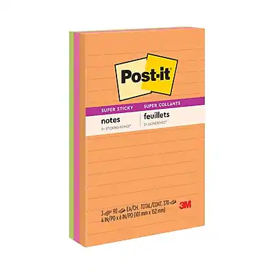 Post-it
SUPER STICKY
SUPER COLLANTS
feuillet notes
2+ STICKING POWER
2+ ADHÉRENCE
3M
90 EA/CH
TOTAL/CONT. 270
4 N/PO x 6 N/PO
100 mm x 152 mm
3 (100 mm x 4)