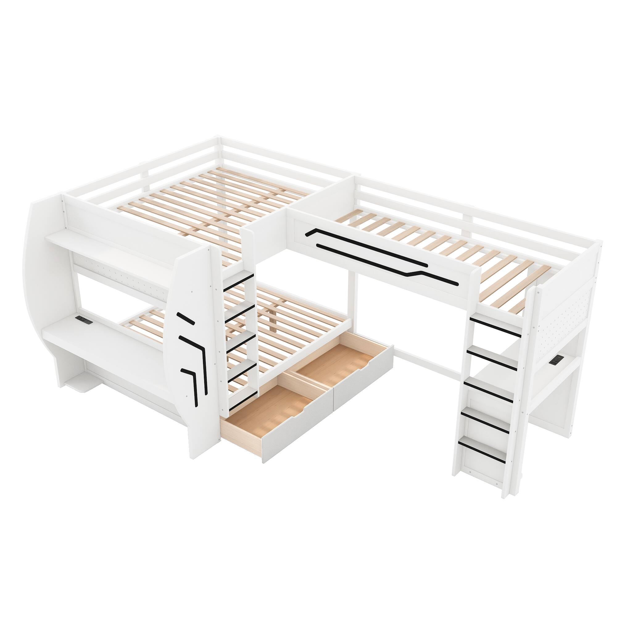 Left. Whisen - L-Shaped Full and Twin Size Gaming Bunk Bed with Built-in Desks,Storage,Pegboard,LED Light and Charging Station - White.