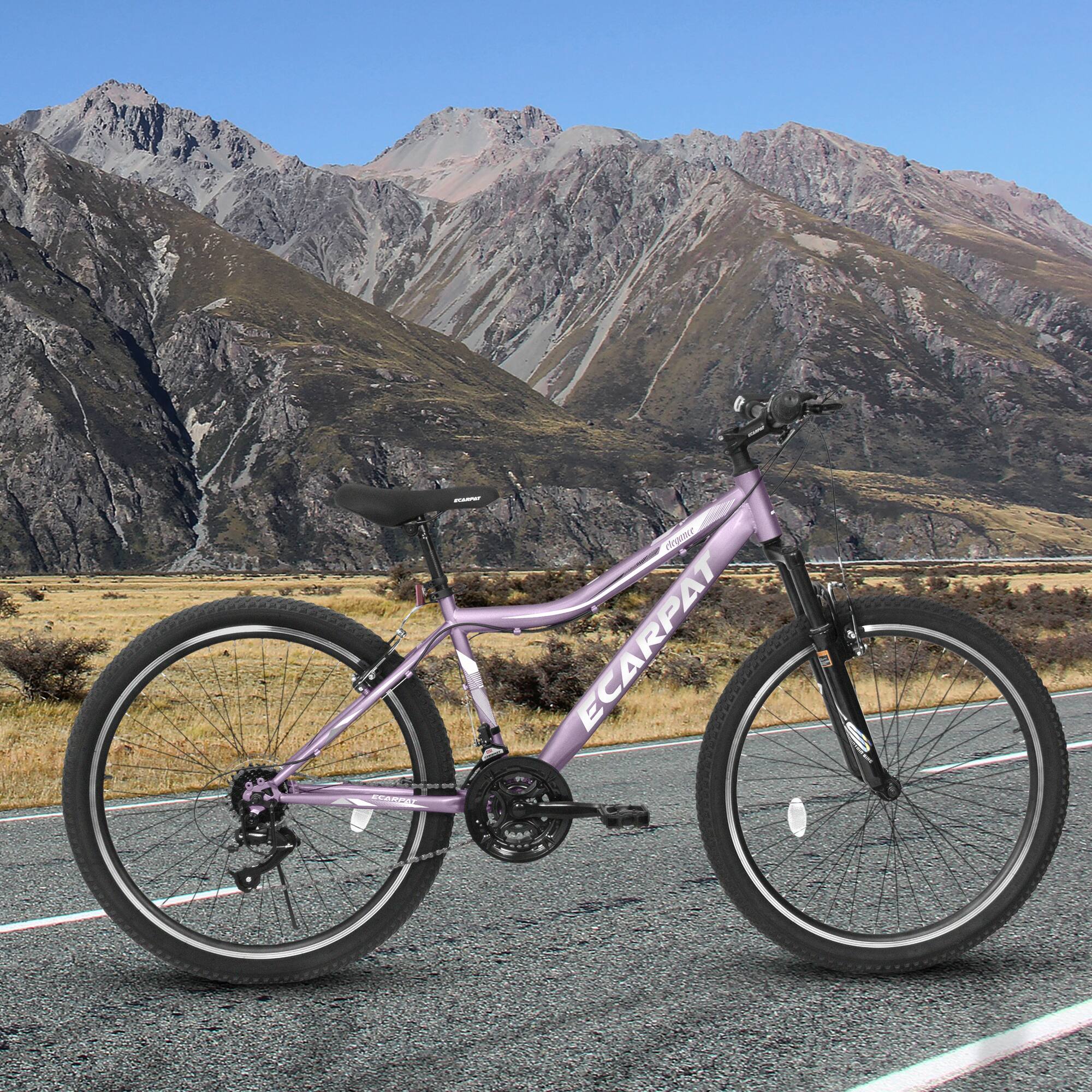 Back. Aukfa - 26 Inch Mountain Bike for Adults & Teens - 21 Speed, Front Suspension, Dual Disc Brakes, Carbon Steel Frame - Purple.