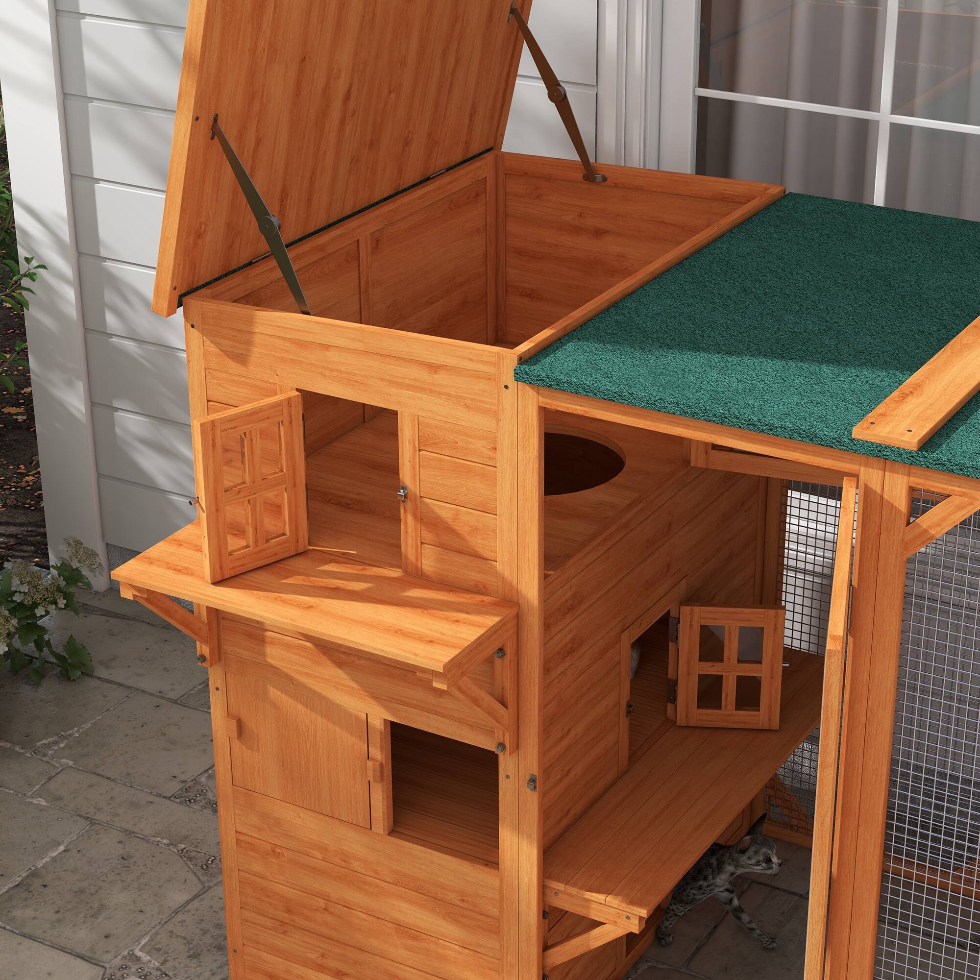 Alt View 4. Pawhut - Large Outdoor Catio Enclosure, Wooden 3-Level Kitten House with Weatherproof Roof, Hiding Areas, Platforms, Resting Box.