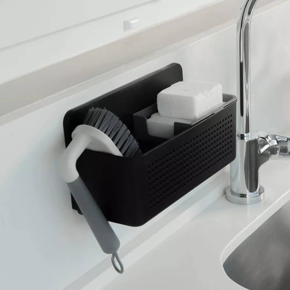 Back. OU - Hanging Sink Organizer, Self‑Adhesive Caddy with Removable Sponge Tray for Kitchen Storage - Black.