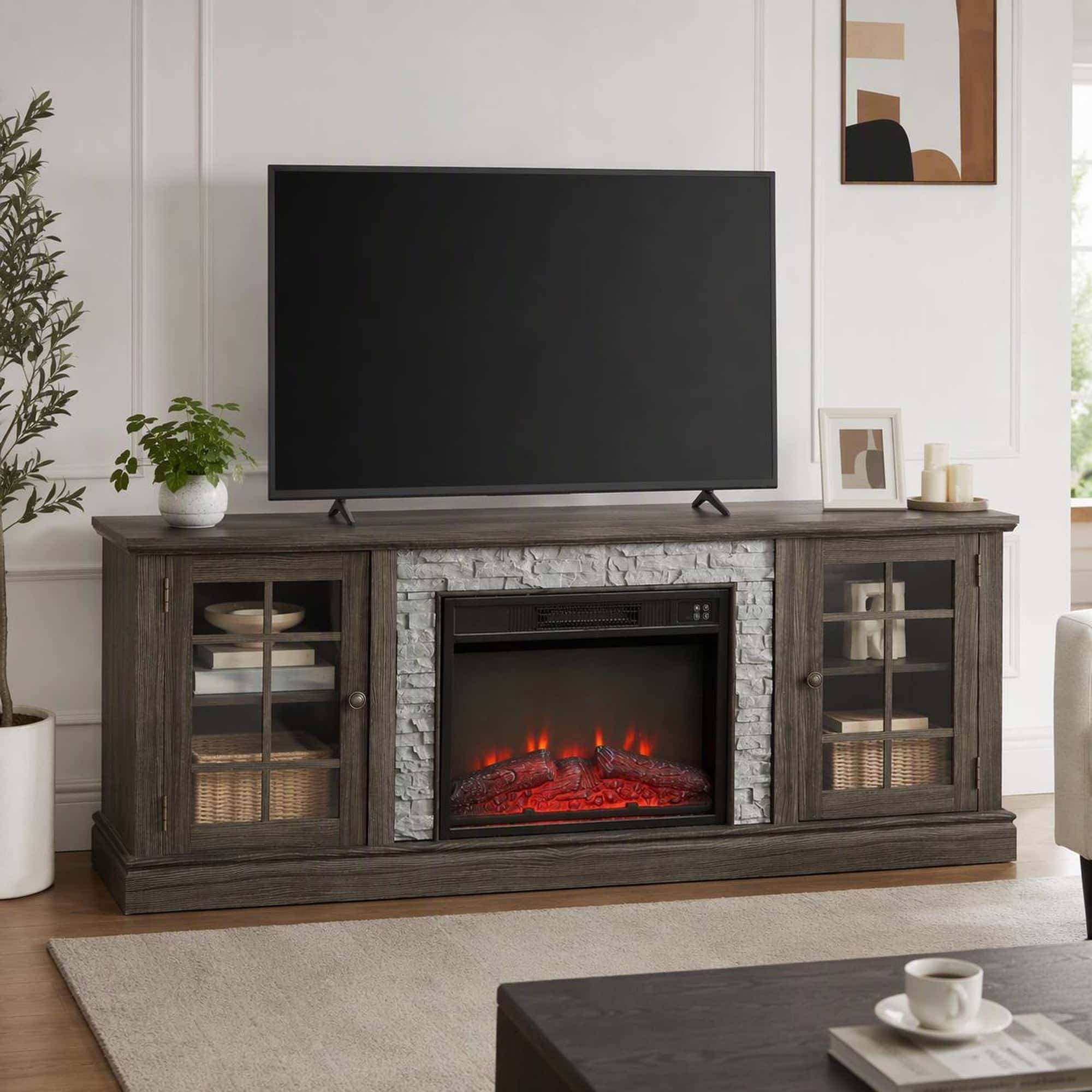 RYHNUYNE - 70-Inch Wide Electric Fireplace TV Stand with Faux Stone Finish, 2 Storage Cabinets, Adjustable Shelves - Gray