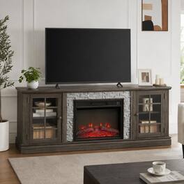 RYHNUYNE - 70-Inch Wide Electric Fireplace TV Stand with Faux Stone Finish, 2 Storage Cabinets, Adjustable Shelves - Gray