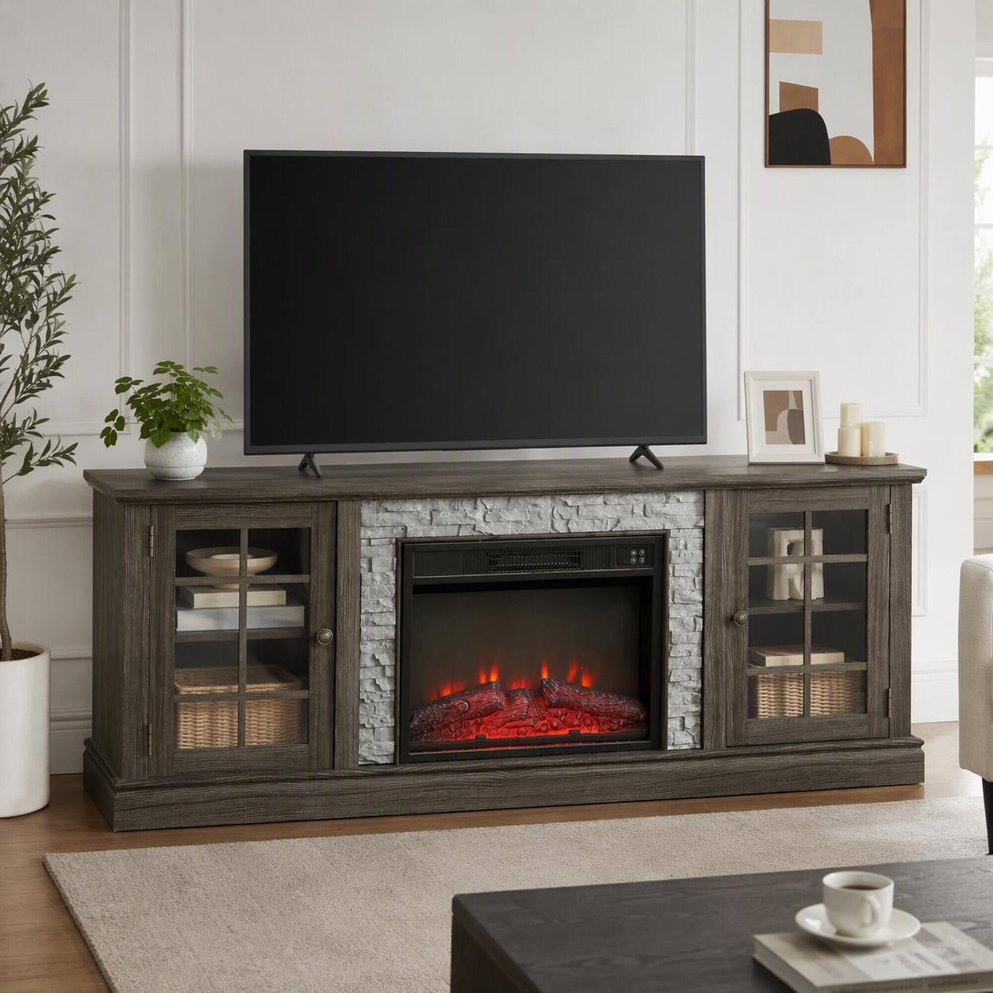 Front. RYHNUYNE - 70-Inch Wide Electric Fireplace TV Stand with Faux Stone Finish, 2 Storage Cabinets, Adjustable Shelves - Gray.