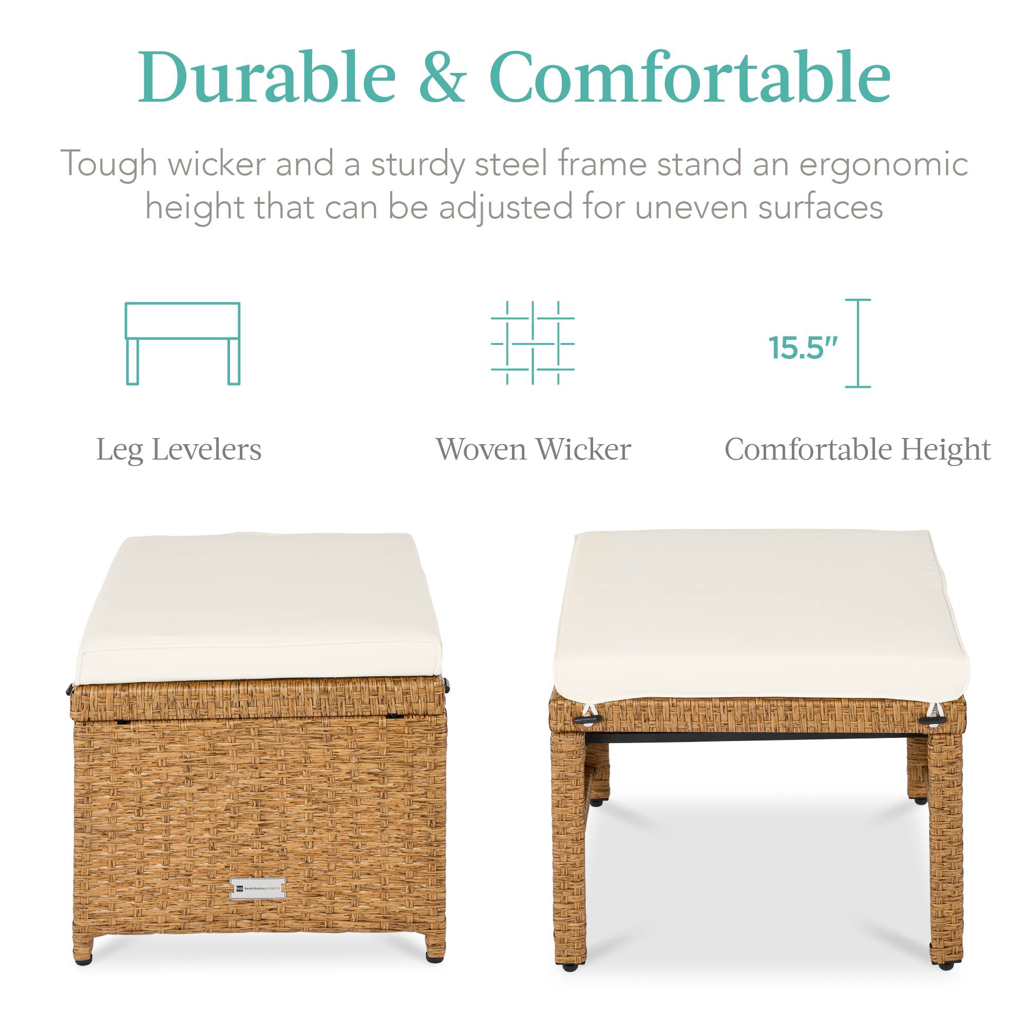 Durable & Comfortable

Tough wicker and a sturdy steel frame stand an ergonomic height that can be adjusted for uneven surfaces

- Leg Levelers
- Woven Wicker
- Comfortable Height

15.5"