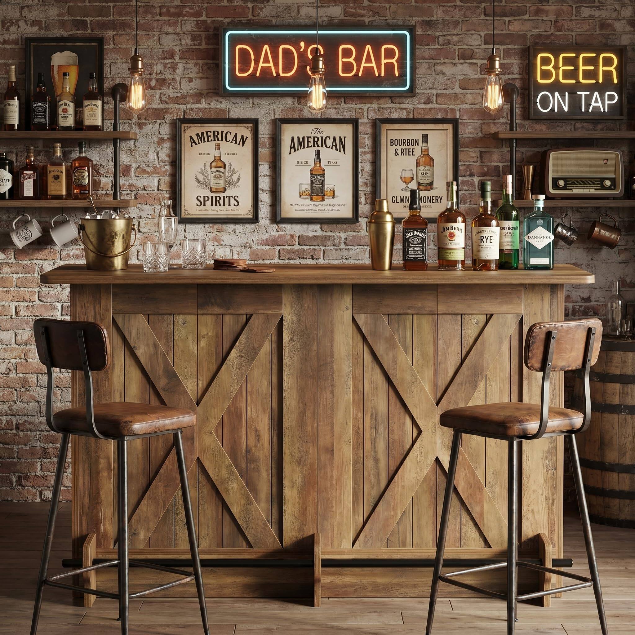 DAD'S BAR  
The AMERICAN AMERICAN BOURBON & RYE SINCE 1920  
BEER ON TAP  
SPIRITS  
PLAYER Spits or OF  
CLMN MONERY WIKES  
BEAN  
3.00 CONNANOL RYE