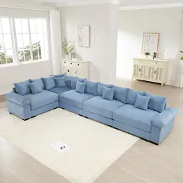 LOVMOR - Modular Deep Seat Corduroy Sectional Couch Storage Ottoman Compressed Pack For Study Den Soft Textured Home TV - Blue