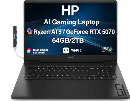 HP AI Gaming Laptop Ryzen AI 9 / GeForce RTX 5070 64GB/2TB RGB Backlit Keyboard Wi-Fi 6 IPS Super OMEN