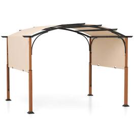 Costway - 10 x 12 FT Outdoor Retractable Pergola with Retractable Canopy Wood Looking Posts - Beige