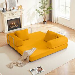 KERDOM - 63'' W Convertible Floor Sofa Bed, Corduroy Modular Floor Couch with Pillow Back, Folding Couch Sleeper for Living Room - Ginger Yellow