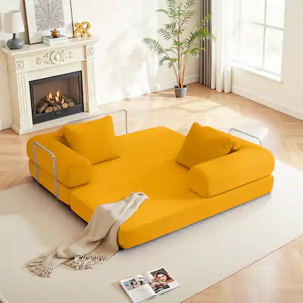 Front. KERDOM - 63'' W Convertible Floor Sofa Bed, Corduroy Modular Floor Couch with Pillow Back, Folding Couch Sleeper for Living Room - Ginger Yellow.