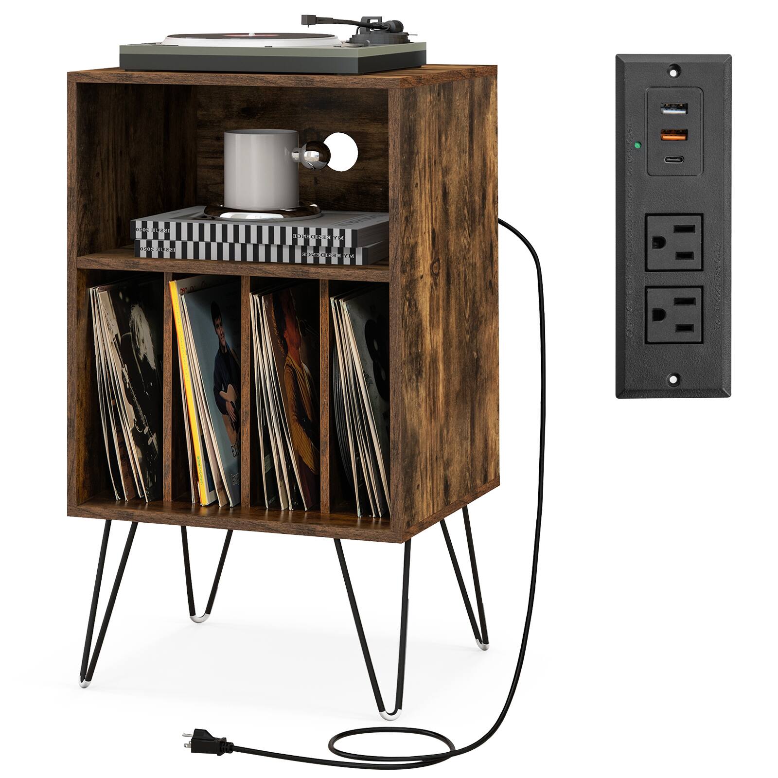 Alt View 9. Ecooso - Record Player Stand with Charging Station, Turntable Table for Living Room or Bedroom - Brown.