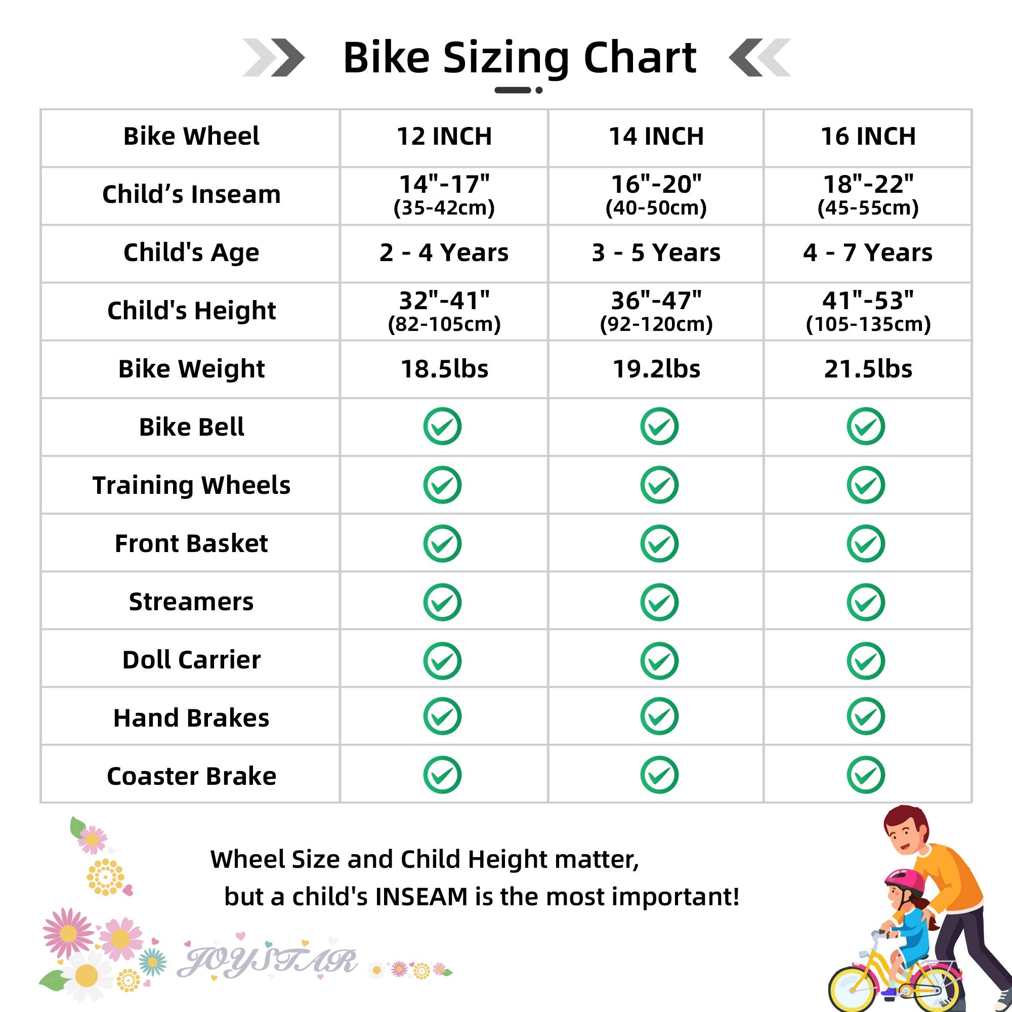 Bike Sizing Chart

| Bike Wheel | 12 INCH | 14 INCH | 16 INCH |
|------------|---------|---------|---------|
| Child's Inseam | 14"-17" (35-42cm) | 16"-20" (40-50cm) | 18"-22" (45-55cm) |
| Child's Age | 2 - 4 Years | 3 - 5 Years | 4 - 7 Years |
| Child's Height | 32"-41" (82-105cm) | 36"-47" (92-120cm) | 41"-53" (105-135cm) |
| Bike Weight | 18.5lbs | 19.2lbs | 21.5lbs |
| Bike Bell | ✔️ | ✔️ | ✔️ |
| Training Wheels | ✔️ | ✔️ | ✔️ |
| Front Basket | ✔️ | ✔️ | ✔️ |
| Streamers | ✔️ | ✔️ | ✔️ |
| Doll Carrier |