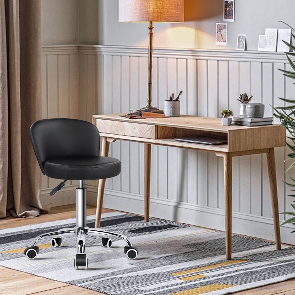 Alt View 1. KKTONER - KKTONER Rolling Vanity Chair with Backrest Height Adjustable Office Chair PU Leather Swivel Drafting Stool with Wheels - Black.