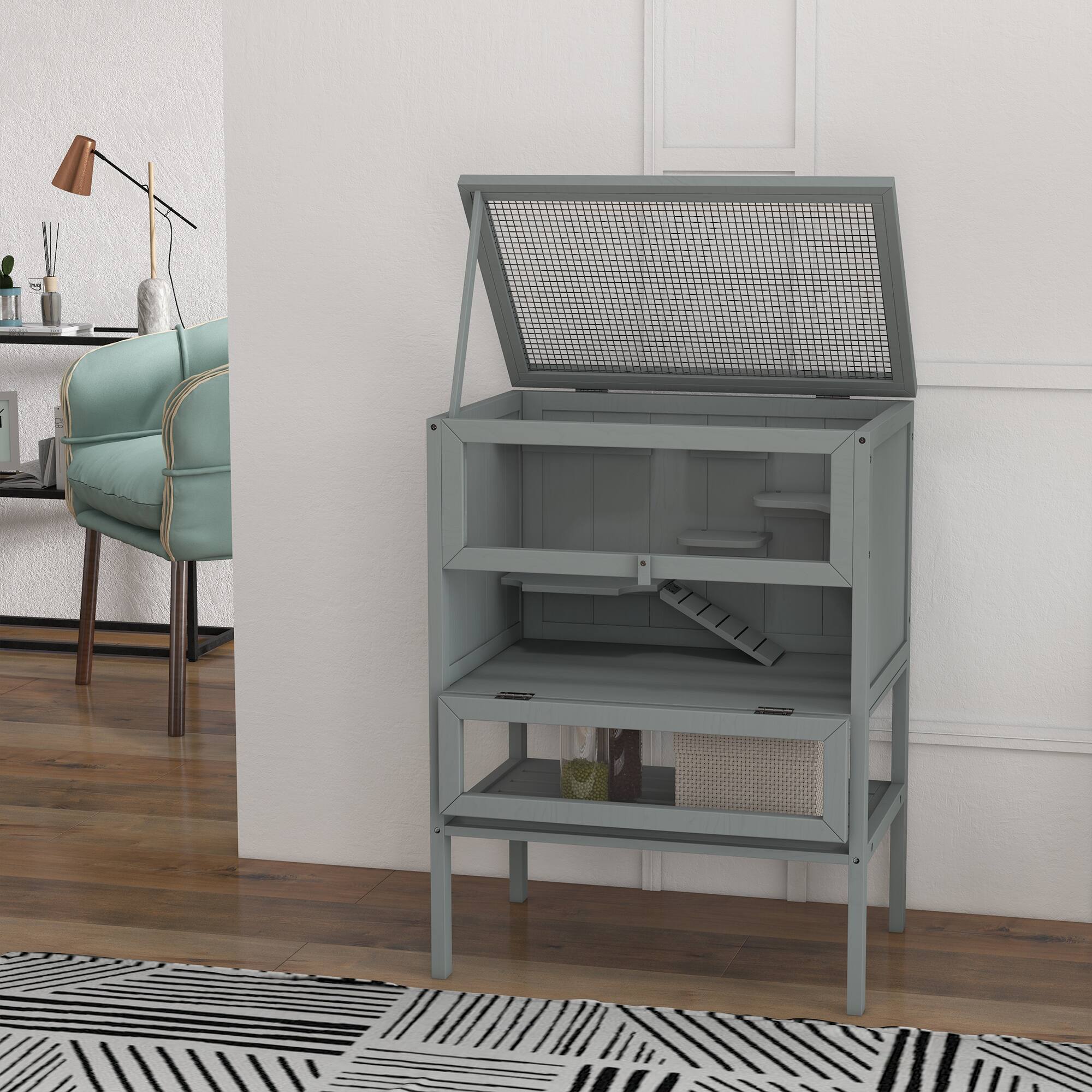 Alt View 1. Pawhut - Wooden Hamster Cage Mice Cage Small Animals Hutch with Openable Top, Front Door.