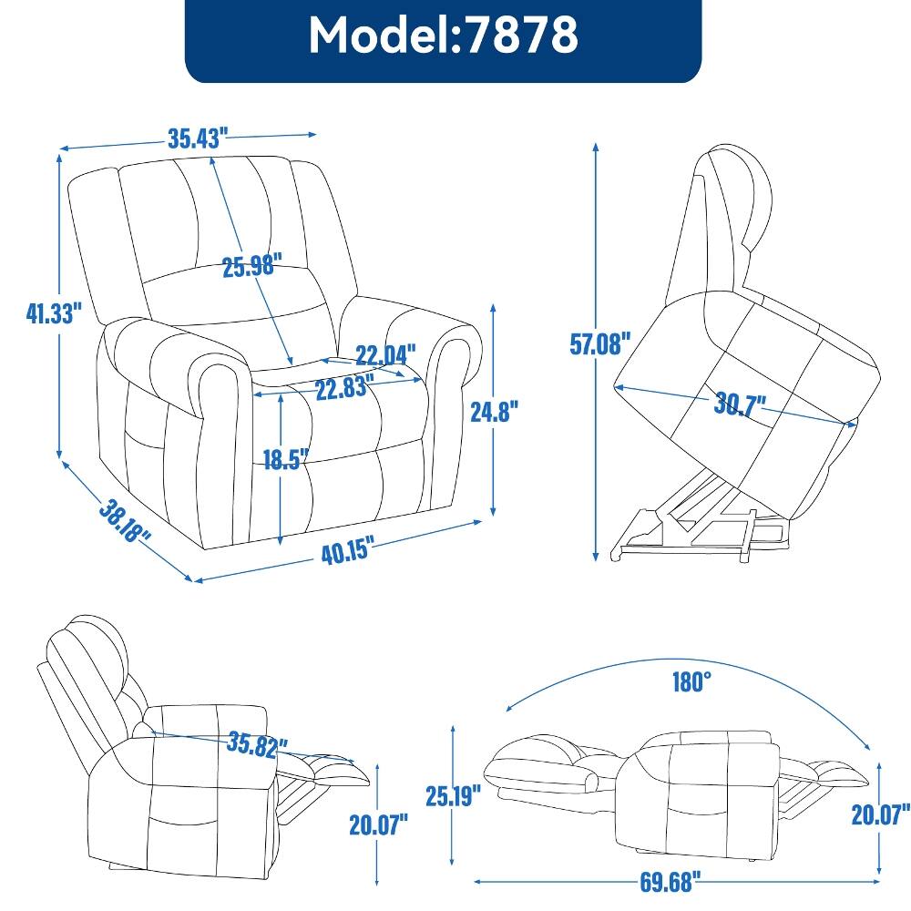 Model: 7878

- 35.43"
- 41.33"
- 25.98"
- 22.04"
- 22.83"
- 24.8"
- 57.08"
- 30.7"
- 38.18"
- 18.5"
- 40.15"
- 180
- 35.82"
- 25.19"
- 20.07"
- 20.07"
- 69.68"