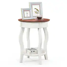 Kadyn - 2-Tier Round End Table with Storage Shelf and Solid Rubber Wood Legs-Walnut & White, Nightstand Small Side Table - Brown