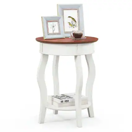 Front. Pefilos - 2-Tier Round End Table with Storage Shelf and Solid Rubber Wood Legs-Walnut & White, Nightstand Small Side Table - Brown.