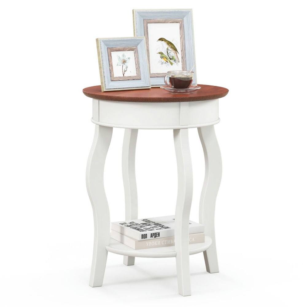 Front. Kadyn - 2-Tier Round End Table with Storage Shelf and Solid Rubber Wood Legs-Walnut & White, Nightstand Small Side Table - Brown.