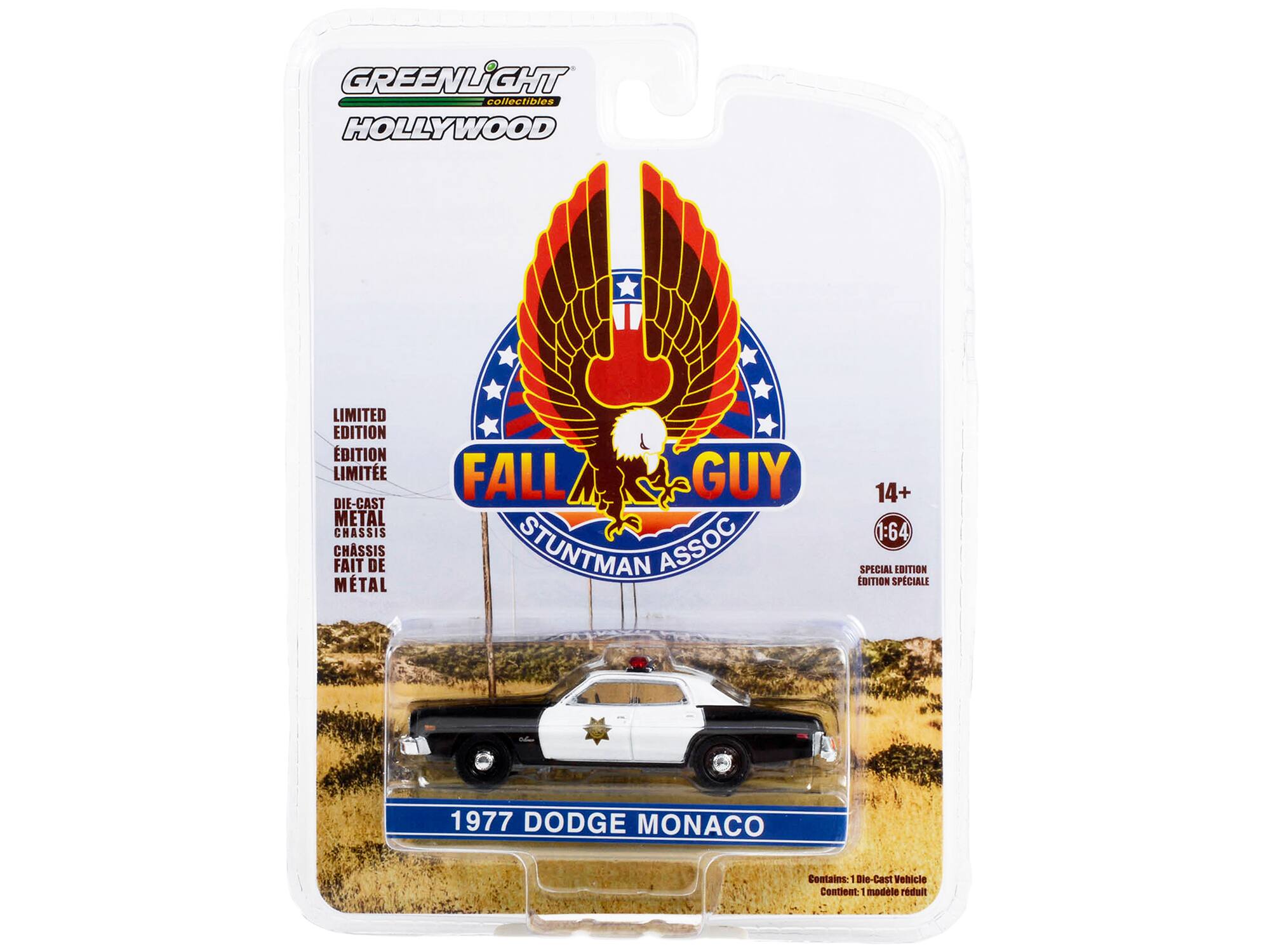 GREENLIGHT collectibles HOLLYWOOD LIMITED EDITION  
DIE-CAST METAL CHASSIS  
FALL GUY STUNTMAN ASSOC  
14+ 1:64 SPECIAL EDITION  
1977 DODGE MONACO  
Contains: 1 Die-Cast Vehicle