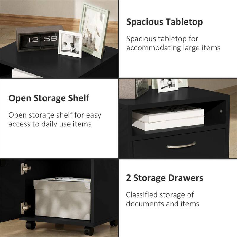 Spacious Tabletop  
Spacious tabletop for accommodating large items

Open Storage Shelf  
Open storage shelf for easy access to daily use items

2 Storage Drawers  
Classified storage of documents and items