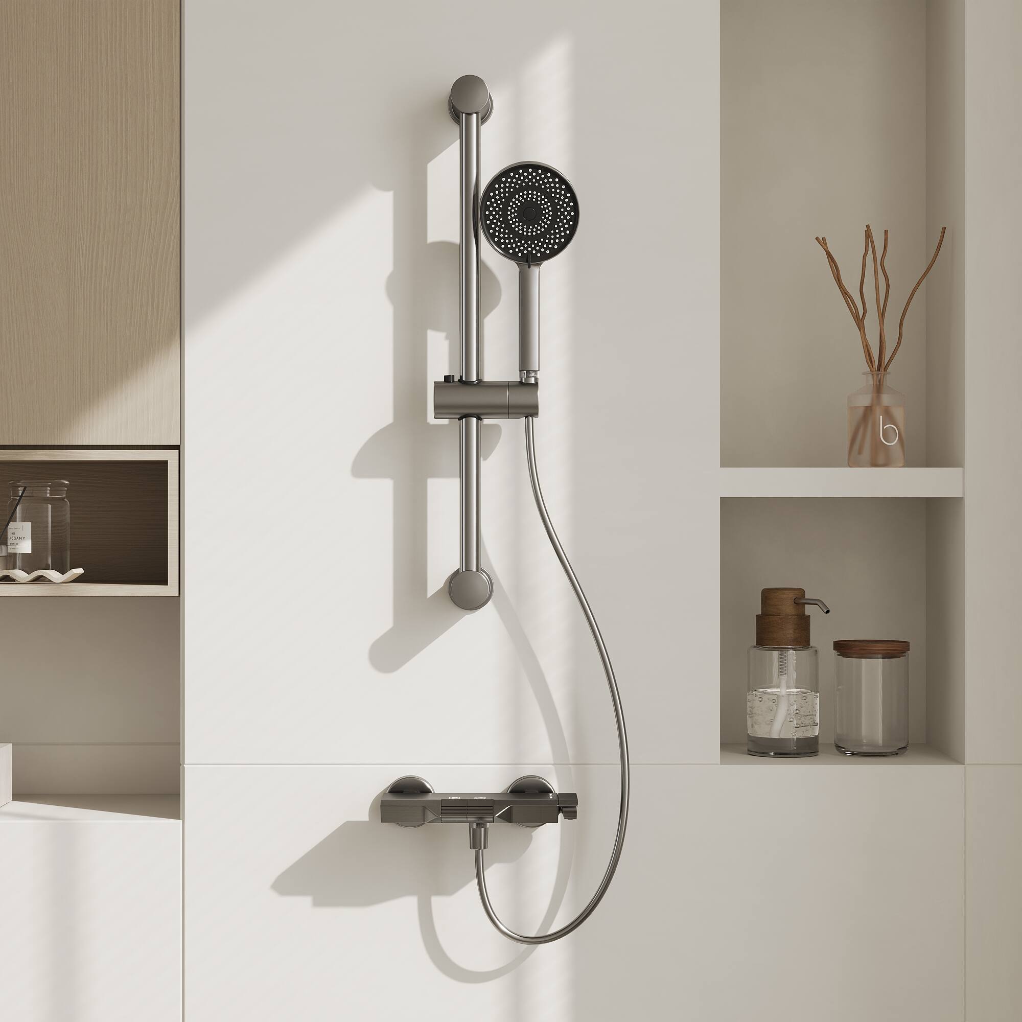 Left. Famapy - Adjustable Shower System with 2-Function Piano Button Control, Height Adjustable Handheld Shower Set - Gunmetal Gray.