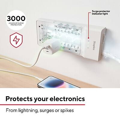 3000 JOULES OF SURGE PROTECTION  
Surge protector indicator light  
Protects your electronics  
From lightning, surges or spikes